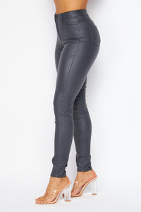 Super High Waisted Faux Leather Stretchy Skinny Jeans - Charcoal Grey - SohoGirl.com