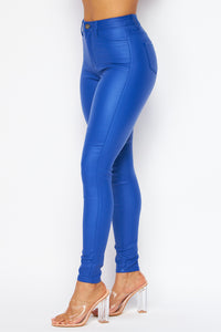 Super High Waisted Faux Leather Stretchy Skinny Jeans - Royal Blue - SohoGirl.com