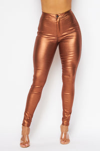 Super High Waisted Faux Leather Stretchy Skinny Jeans - Metallic Rust - SohoGirl.com