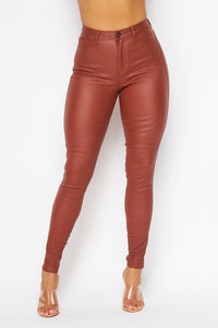Super High Waisted Faux Leather Stretchy Skinny Jeans - Rust - SohoGirl.com