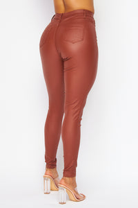 Super High Waisted Faux Leather Stretchy Skinny Jeans - Rust - SohoGirl.com