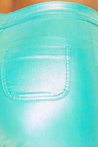 Super High Waisted Faux Leather Stretchy Skinny Jeans - Metallic Mint - SohoGirl.com