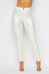Super High Waisted Faux Leather Stretchy Skinny Jeans - Metallic Pearl - SohoGirl.com