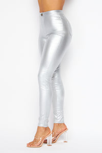 Super High Waisted Faux Leather Stretchy Skinny Jeans - Metallic Silver - SohoGirl.com