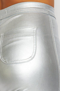 Super High Waisted Faux Leather Stretchy Skinny Jeans - Metallic Silver - SohoGirl.com