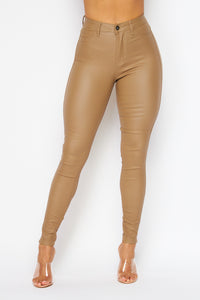 Super High Waisted Faux Leather Stretchy Skinny Jeans - Khaki - SohoGirl.com