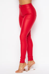 Super High Waisted Faux Leather Stretchy Skinny Jeans - Red - SohoGirl.com