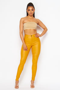 Super High Waisted Faux Leather Stretchy Skinny Jeans - Mustard - SohoGirl.com