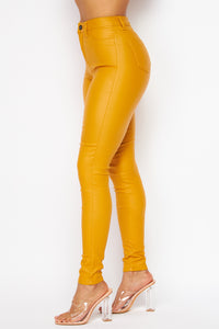 Super High Waisted Faux Leather Stretchy Skinny Jeans - Mustard - SohoGirl.com