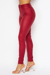 Super High Waisted Faux Leather Stretchy Skinny Jeans (S-XL) - Burgundy - SohoGirl.com