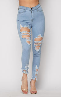 Distressed Ankle High Waisted Skinny Jeans - Light Wash - SohoGirl.com
