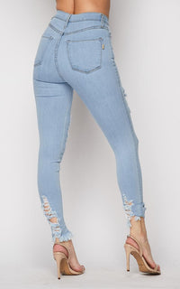 Distressed Ankle High Waisted Skinny Jeans - Light Wash - SohoGirl.com
