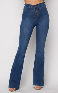 Vibrant Five Button Bell Bottom Jeans - Medium Wash - SohoGirl.com