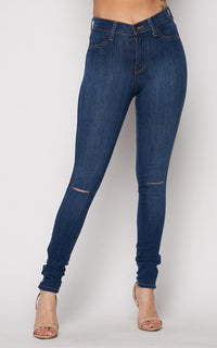 Vibrant Knee Slit High Rise Jeans in Medium Wash (Plus Sizes Available) - SohoGirl.com