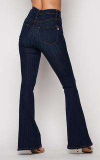Vibrant Five Button Bell Bottom Jeans - Dark Wash - SohoGirl.com