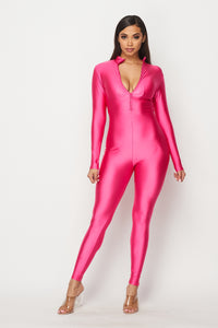 Nylon Spandex Zip-Up Long Sleeve Jumpsuit in Baby Pink - SohoGirl.com