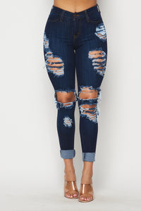 Rolled Up Hem Destroyed Jeans - Dark Denim - SohoGirl.com