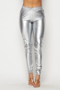 Faux Leather High Waisted Joggers Pants in Metallic Sliver - SohoGirl.com