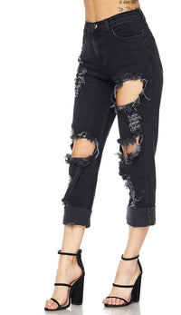 Vibrant High Waisted Distressed Mom Jeans - Black - SohoGirl.com