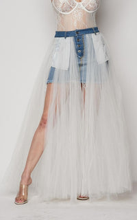 Tulle Mesh Overlay Denim Skirt in White - SohoGirl.com