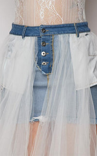 Tulle Mesh Overlay Denim Skirt in White - SohoGirl.com