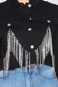 Cropped Embellished Pocket Denim Jacket - Black - SohoGirl.com