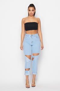 Cut Out Distressed Mom Jeans - Light Wash - SohoGirl.com