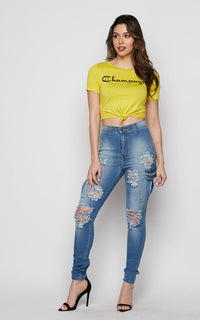 Champagne Tie Front Short Sleeve T-shirt - Yellow - SohoGirl.com