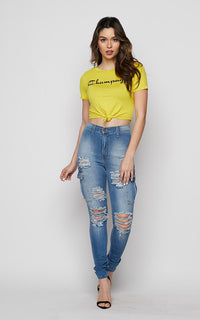 Vibrant Distressed Utility High Waisted Jeans - SohoGirl.com