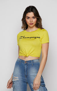 Champagne Tie Front Short Sleeve T-shirt - Yellow - SohoGirl.com