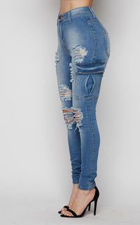 Vibrant Distressed Utility High Waisted Jeans - SohoGirl.com