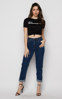 Vibrant High Waisted Mom Jeans in Dark Wash - SohoGirl.com
