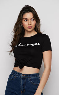 Champagne Tie Front Short Sleeve T-shirt - Black - SohoGirl.com