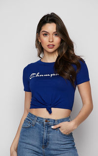 Champagne Tie Front Short Sleeve T-shirt - Blue - SohoGirl.com