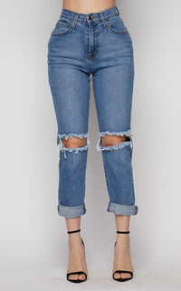 Vibrant Cut Out Ripped Knee High Waisted Mom Jeans - SohoGirl.com