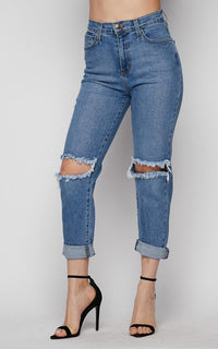Vibrant Cut Out Ripped Knee High Waisted Mom Jeans - SohoGirl.com