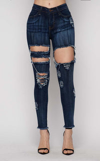 Vibrant Mid Rise Distressed Jeans in Dark Wash - SohoGirl.com