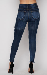 Vibrant Mid Rise Distressed Jeans in Dark Wash - SohoGirl.com