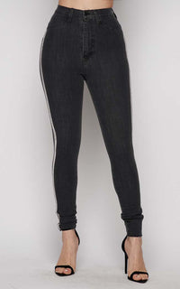 Rhinestone Stripe High Waisted Denim Skinny Jeans - Black - SohoGirl.com