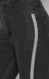 Rhinestone Stripe High Waisted Denim Skinny Jeans - Black - SohoGirl.com