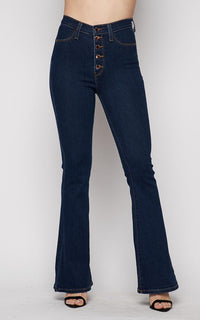 Vibrant Tall Bell Flare Button Fly Denim Jeans in Dark Wash - SohoGirl.com