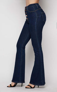 Vibrant Tall Bell Flare Button Fly Denim Jeans in Dark Wash - SohoGirl.com