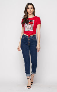 Vibrant Button Fly Mom Jeans in Dark Wash - SohoGirl.com