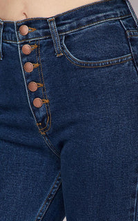 Vibrant Button Fly Mom Jeans in Dark Wash - SohoGirl.com
