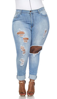 Plus Size High Waisted Distressed Skinny Jeans in Blue - SohoGirl.com
