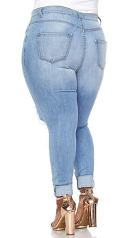 Plus Size High Waisted Distressed Skinny Jeans in Blue - SohoGirl.com