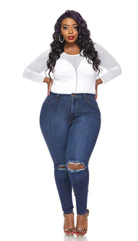 Plus Size Ripped Knee Super High Waisted Skinny Jeans - Dark Blue - SohoGirl.com