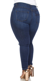Plus Size Ripped Knee Super High Waisted Skinny Jeans - Dark Blue - SohoGirl.com