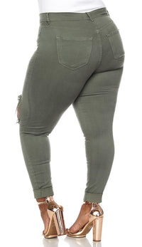 Plus Size High Waisted Distressed Skinny Jeans in Olive - SohoGirl.com