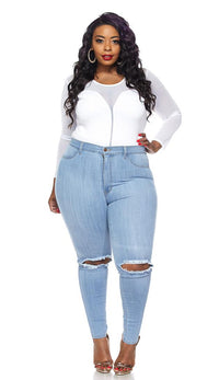 Plus Size Ripped Knee Super High Waisted Skinny Jeans - Light Blue - SohoGirl.com